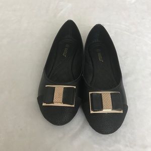 Black Sparkly Gold Bow Flats